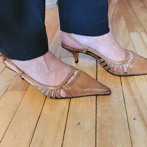 Prego Brazil Tan Leather Slingback Heels Cutout Detail 39